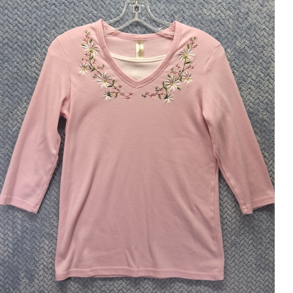Morning Sun Pink Floral Embroidered V-Neck Layered Look Top Small Cabincore